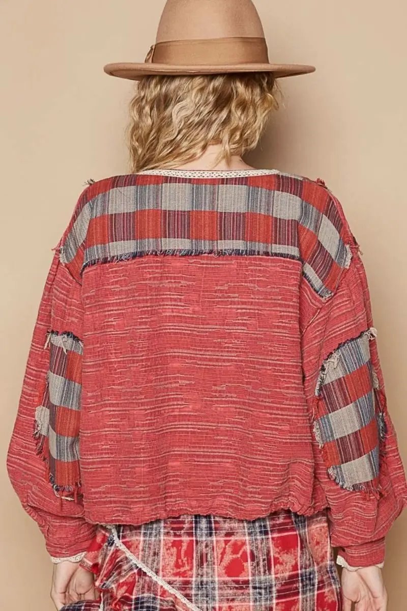 POL Round Neck Long Sleeve Plaid Shirt - Love Salve
